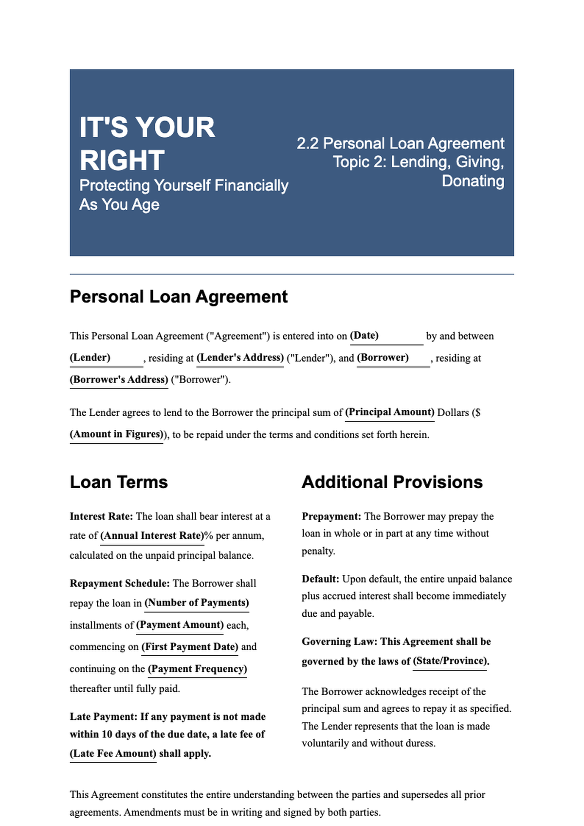 Personal loan agreement form with fillable fields and signature lines_variant_2